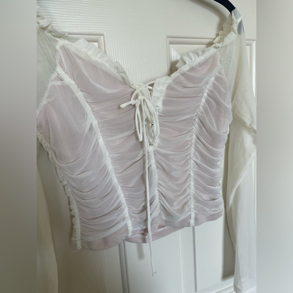 Fashion Nova long sleeve sheer white ruched crop top with ties | XL - Picture 2 of 4